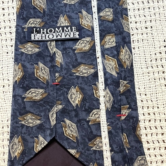 Other - L’Homme Men’s 100% Silk Tie Navy Blue Geometric Diamond Print Classic